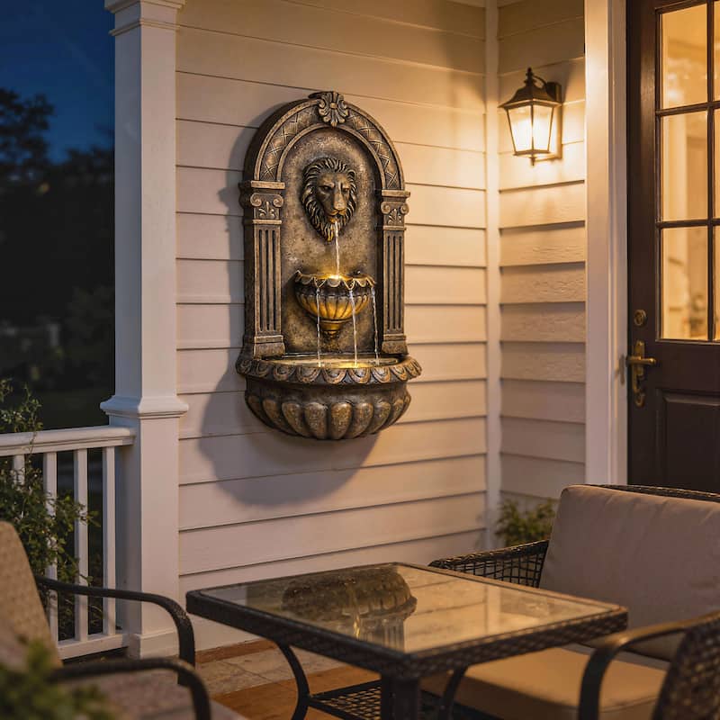 Outsunny 31" Wall-Mounted 3-Tier Outdoor Fountain, Cascading Waterfall Feature with LED Lights and Adjustable Flow