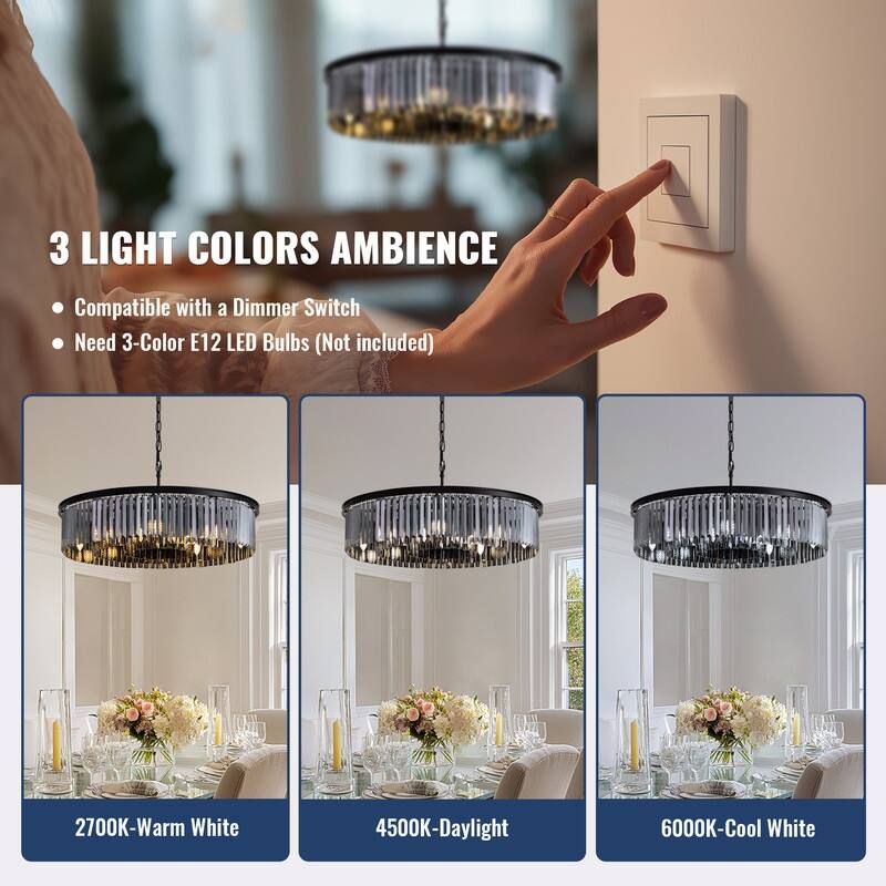 30-inch Smoky Gray Round Chandelier 2-Tier Modern Crystal Chandelier Kitchen Island Pendant Light for Dining Room Bedroom