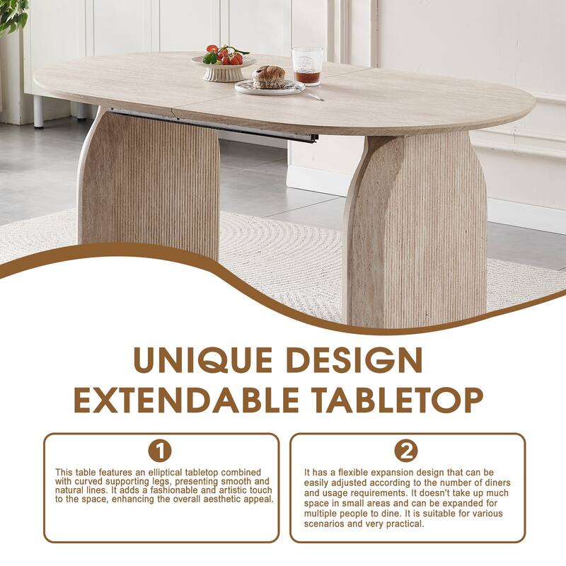 Wood Extendable Dining Table, Modern Oval Kitchen Table with Stylish Dual - Pillar Design - Natural Wood
