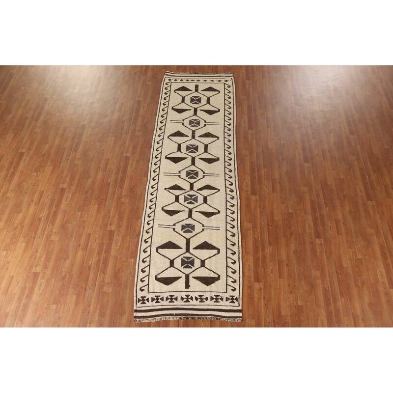 Natural Dye Beige Tribal Anatolian Runner Rug Handmade Wool Carpet - 3'6"x 11'4"