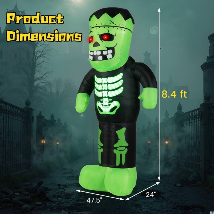 Green-Black Polyester LED Inflatable Frankenstein Halloween Decoration 8.4ft Tall