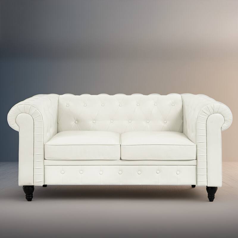 Everett Chesterfield Loveseat - Luxurious Mid-Century Modern Couch for Cozy Living Rooms, Elegance & Serenity - White,PU