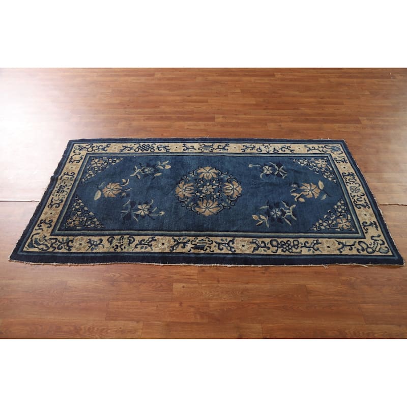 Vegetable Dye Blue Art Deco Chinese Antique Rug Handmade Wool Carpet - 3'1"x 5'9"