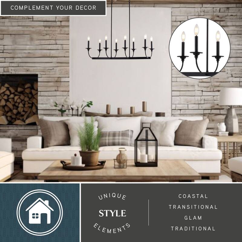 Durham 8-Light Black Kitchen Island Pendant Fixture, LED Compatible, Adj Height Linear Chandelier, Dining Entryway Foyer