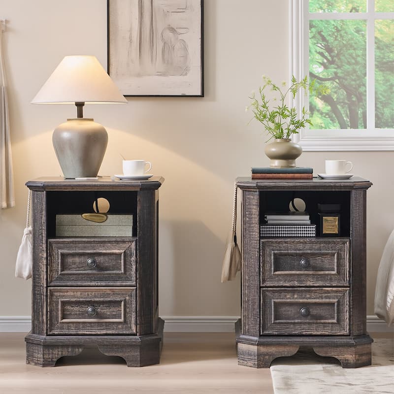 Farmhouse Nightstand Set of 2 with Charging Station, Beside Table - Black