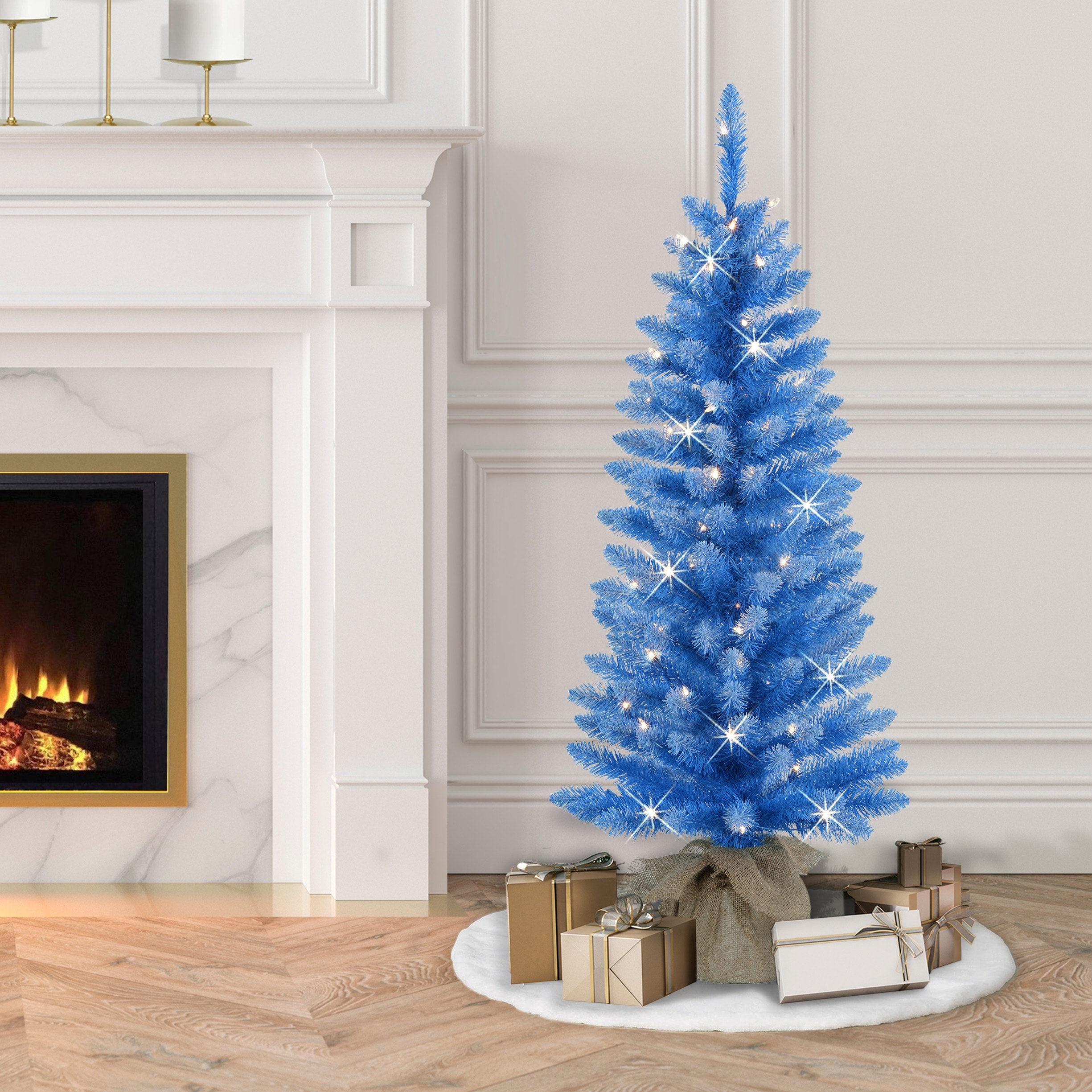 Puleo International 4 ft. Pre-Lit Blue Artificial Tree in Burlap