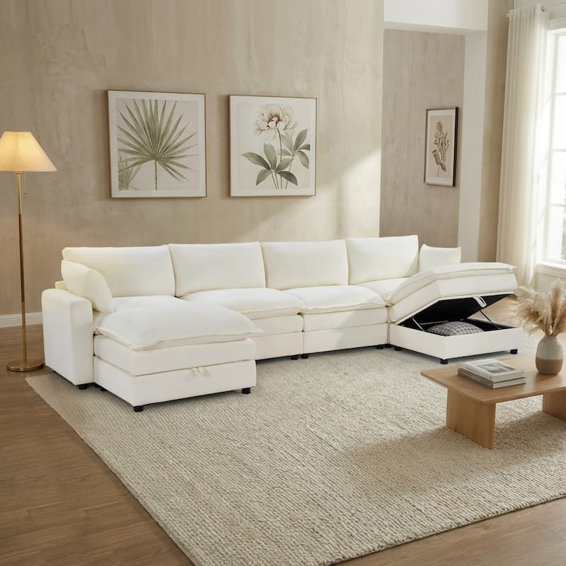 Modular Sectional Sofa for Living Room, U-Shaped Sofa Couch with Corduroy Fabric, 3/4 Seat Oversized Couch with Movable Ottoman