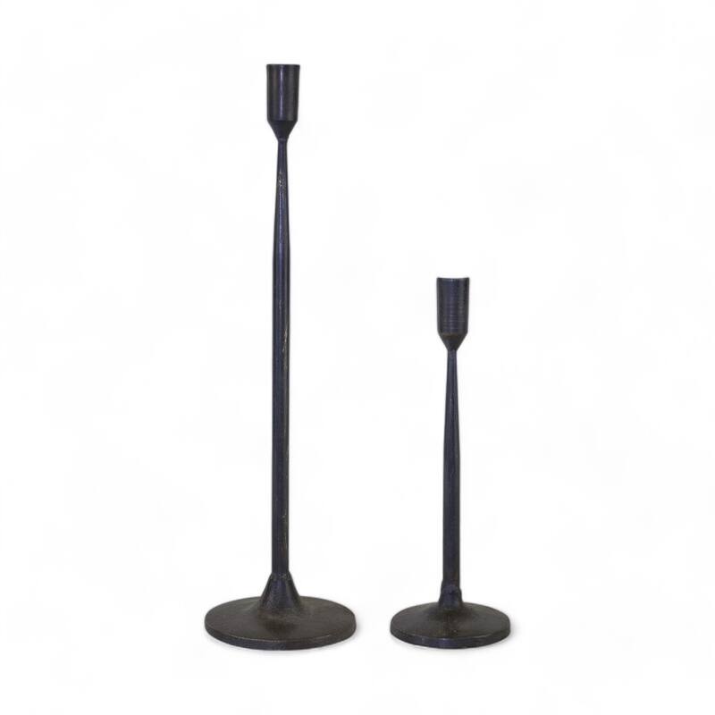 HomeRoots Set of Two Black Distressed Metal Tabletop Taper Candle Holders