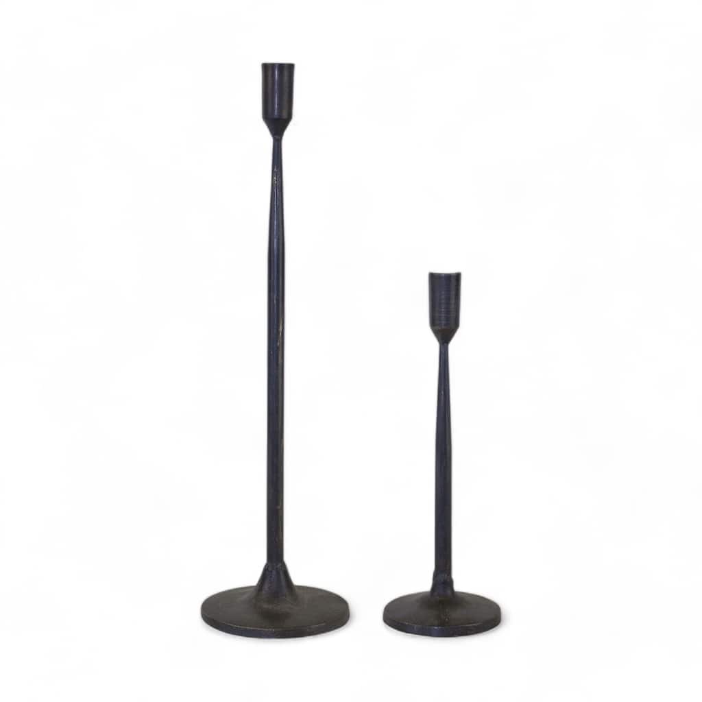 HomeRoots Set of Two Black Distressed Metal Tabletop Taper Candle Holders