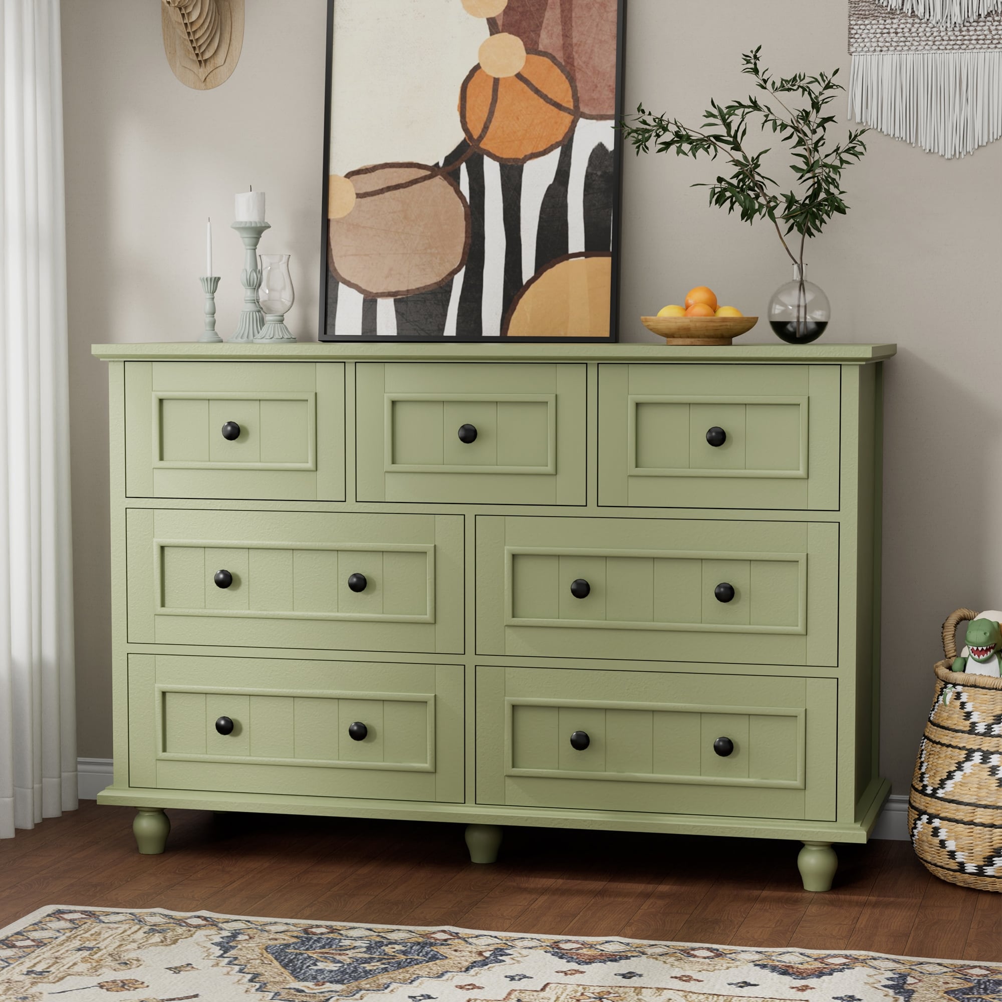 47"W Retro 7-Drawer Dresser Farmhouse Wood Dressers Chest of Drawers