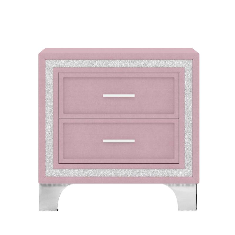 2-Drawer Nightstand with Silver Glitter Strip Decor and Metal Legs, Upholstered Nightstand, Velvet Bedside Table for Bedroom