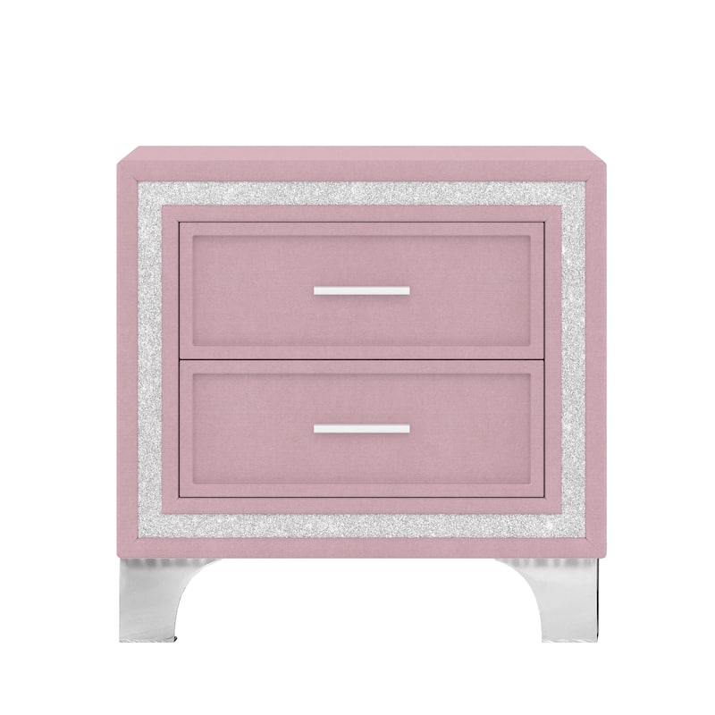 Velvet 2 Drawers Nightstand with Glitter Strip Decor and Metal Legs