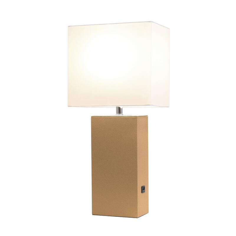 Modern Leather Table Lamp with USB and White Fabric Shade