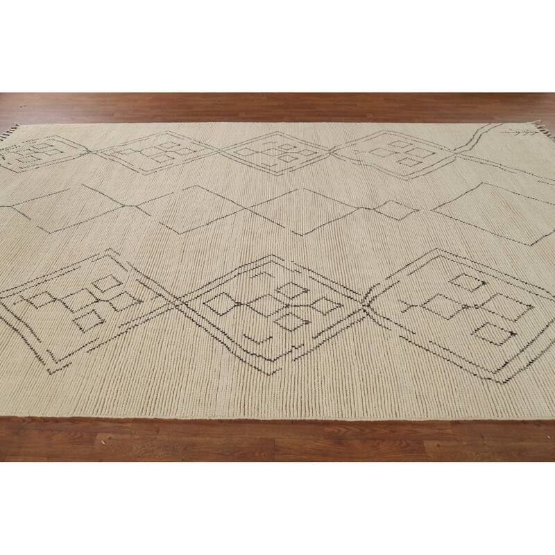 Moroccan Area Rug Handmade Beige Geometric Wool Carpet - 7'10"x 12'9"