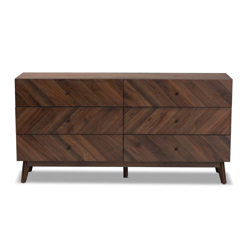 Mid-Century Walnut Brown 6-Drawer Dresser with Tapered Legs, Smooth Glide Drawers, and Sleek Retro Modern Style