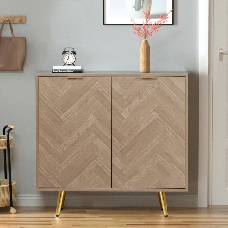 Anmytek Natural Oak Accent Storage Cabinet with 2-Doors Modern Herringbone Sideboard Buffet Cabinet - Natural Oak