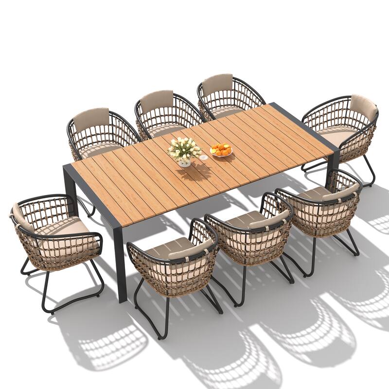 Outdoor Patio Dining Set Aluminum Table with Umbrella Hole with Rattan Chairs