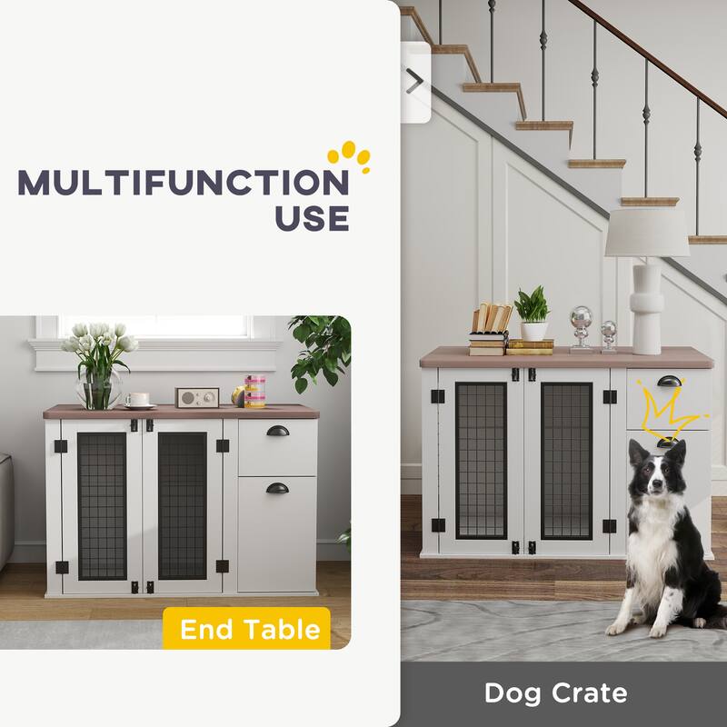PawHut Dog Crate Furniture, 44" Dog Kennel Furniture End Table with Double Door, Storage, Drawer, Indoor Furniture, White
