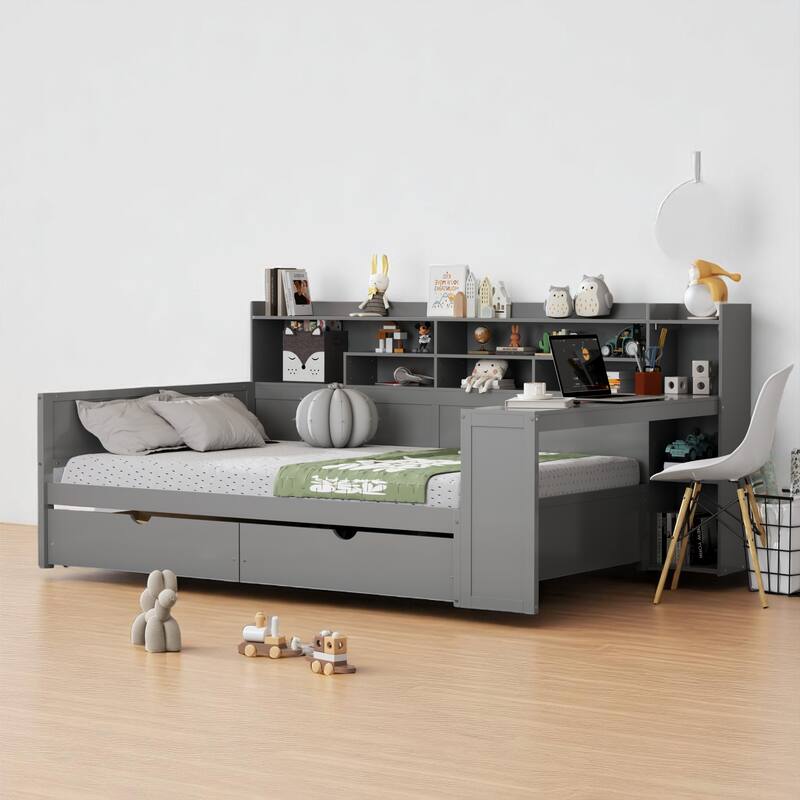 Multi-Functional Gray Twin/Full Size Daybed with Storage Shelves, Drawers, and Foot-End Study Desk