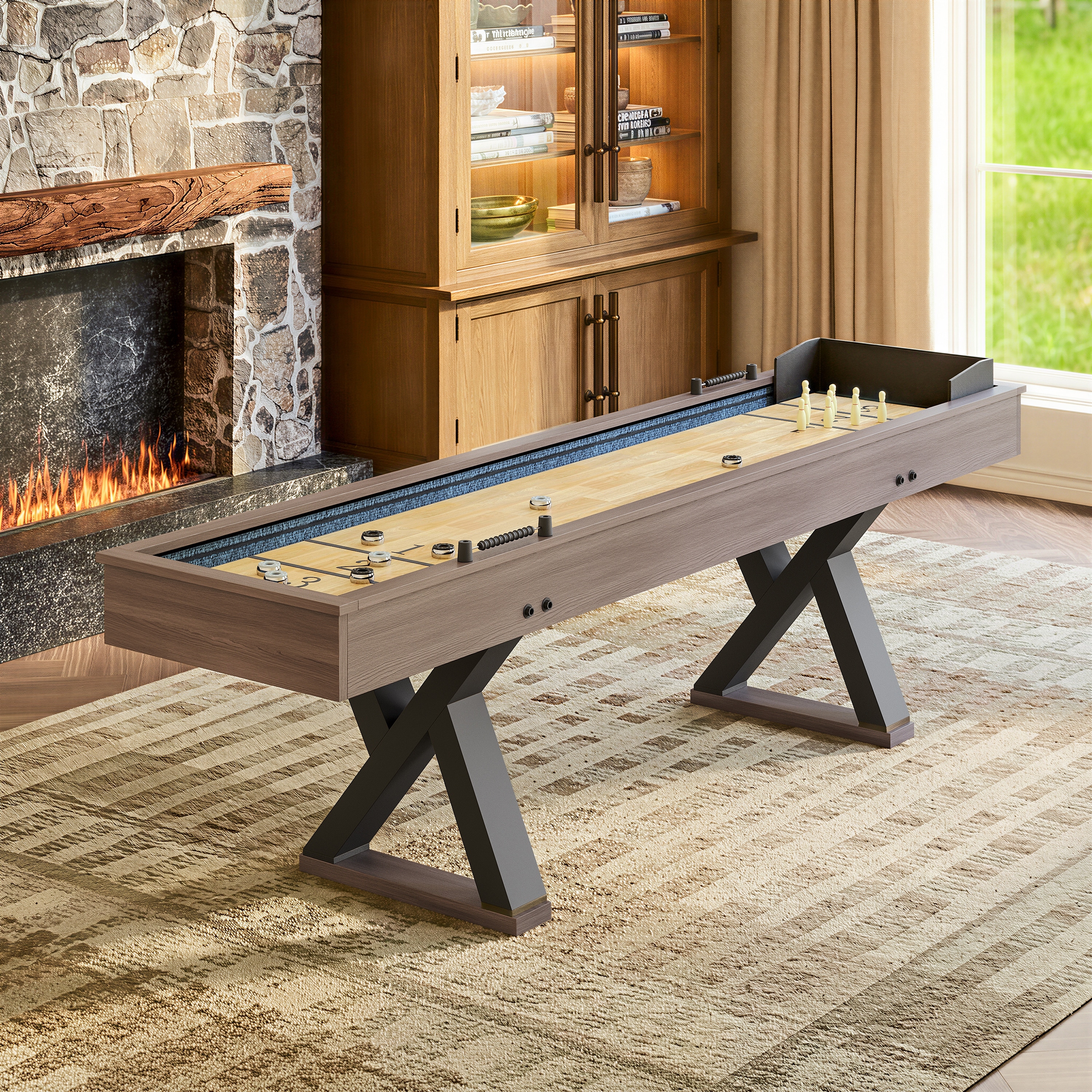 Traditional 9FT 2-in-1 Shuffleboard & Bowling Combo Game Table with LED Light Rail & X-Cross Metal Legs by GDFStudio