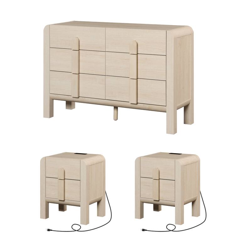 WAMPAT 3 Pcs Bedroom Set,6 Drawer Dresser And Nightstand Sets For Bedroom, Double Dresser With Curved Profile Design - Light Oak
