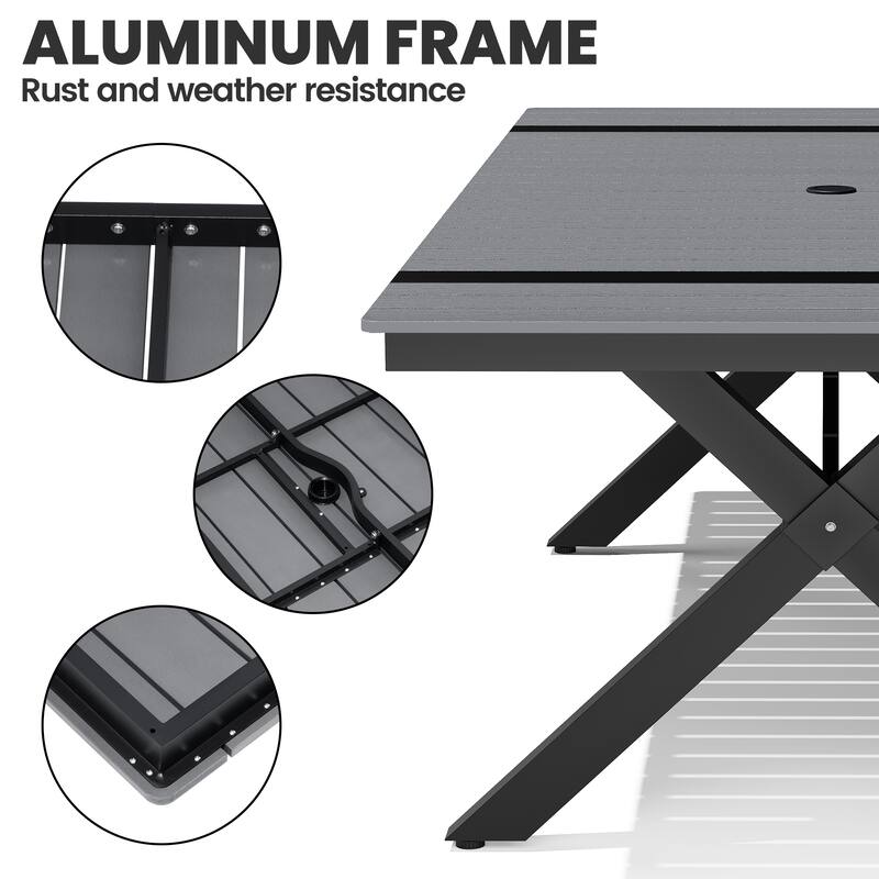 11-Piece Set Outdoor Aluminum Rectangular Dining Table with Umbrella Hole and Stackable Chairs