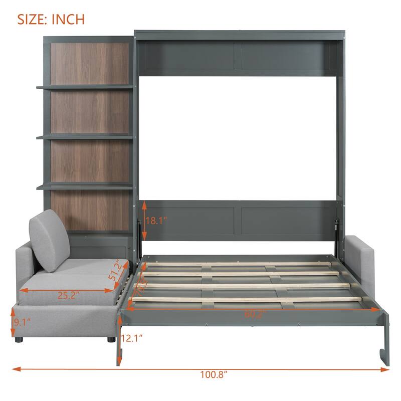 Queen Size Murphy Bed Wall Bed with Sofa and Shelves