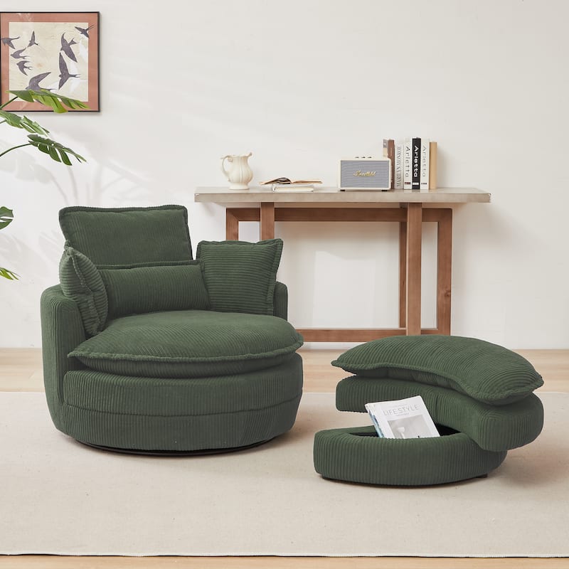 52" Upholstered Swivel Barrel Chair with Moon Storage Ottoman