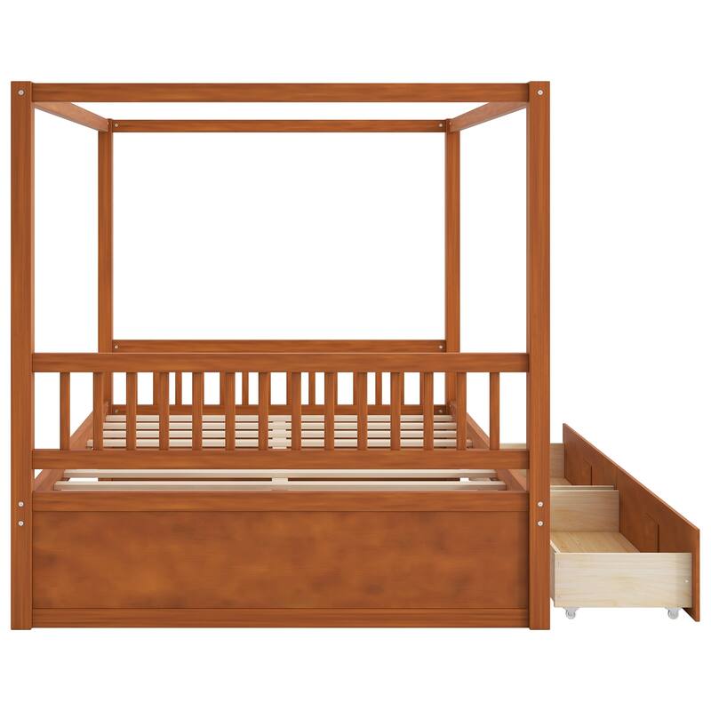Wooden Canopy Bed with Storage Drawers, Low-Profile Four Poster Platform Bed with Wood Slat Support, No Box Spring Needed