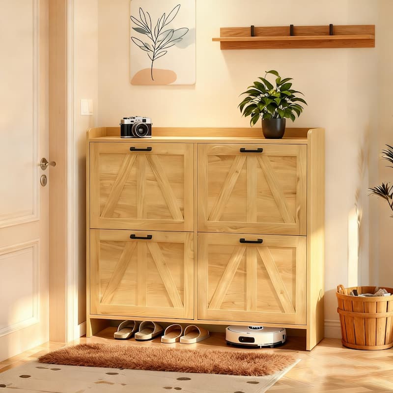 Modern Fence Shoe Cabinet with 4 Flip Drawers, Sleek Space-Saving Entryway Organizer for Living Room