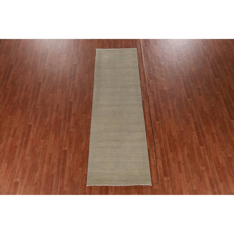 Hand Knotted Oriental 100% Wool Carpet Modern Solid Green Gabbeh Runner Rug - 10' 0'' X 3' 1''