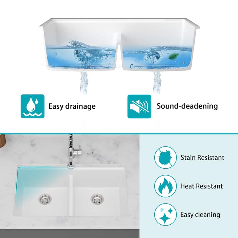 Undermount Double Bowl Quartz Kitchen Sink in White - 33'' x 19'' x 9.65''
