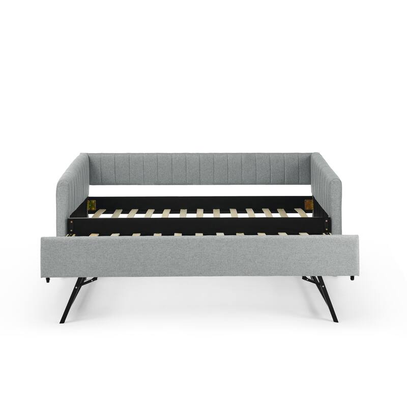 Roomfitters Twin/Full Daybed with Trundle Upholstered Sofa Bed Frame with Vertical Stripes Linen Design, Grey