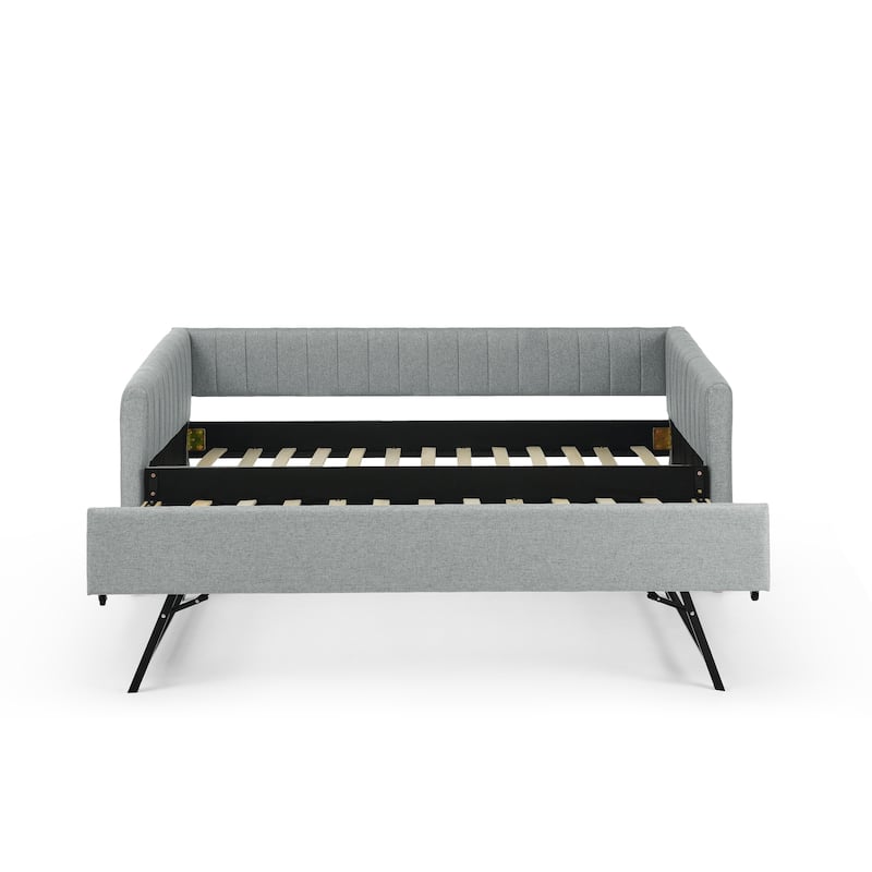 Twin Size Daybed Vertical Stripes Upholstered Sofa Bed with Trundle