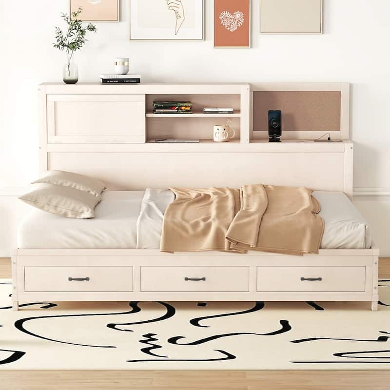 Modern Wooden Daybed with 3 Storage Drawers and USB Ports - White - Full