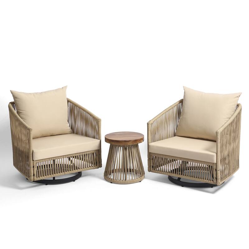 3-Piece Outdoor Swivel Lounge Chair Set Barrel Chairs for Backyard - KHAKI