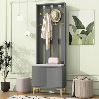 Modern 4-in-1 Hall Tree, Coat Rack with 8 Gold Hooks & Entryway Bench