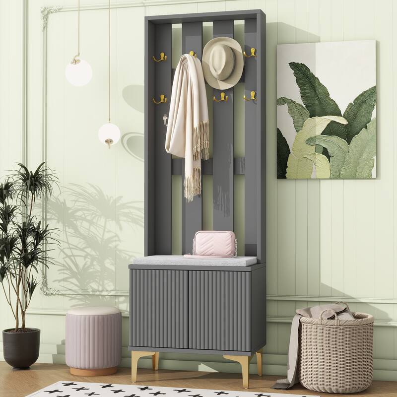 Modern Hall Tree, Wood Coat Rack with 8 Gold Hooks and Legs, Entryway Upholstered Bench with Adjustable Shelves & Doors - Grey