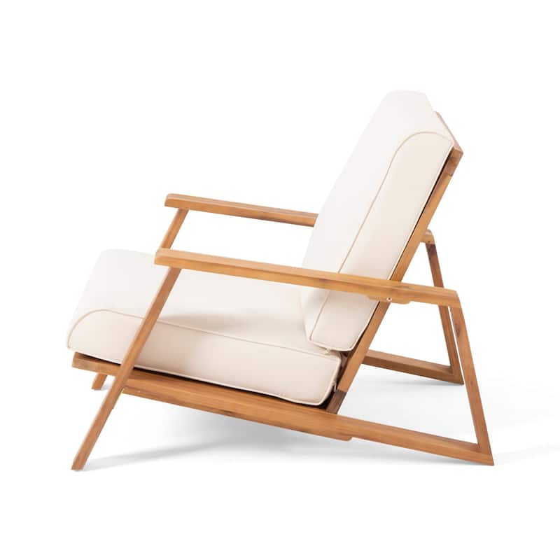 Outdoor Accent Chair, Beige Fabric Cushions, 39 Inch Brown Acacia Wood