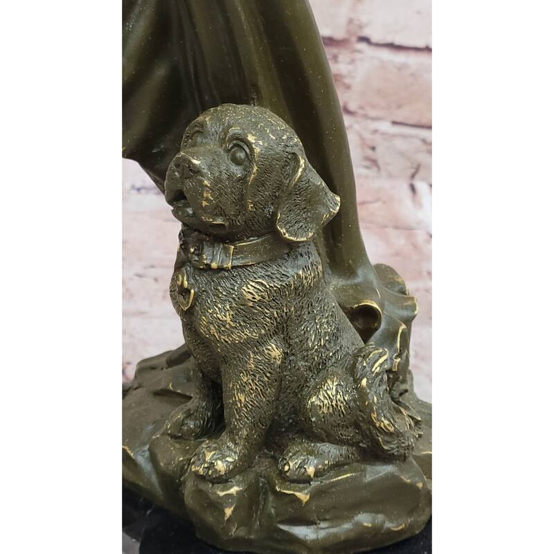 Bronze Lady With Loyal Imitative Dog Sculpture On Marble Base By Aldo Vitaleh