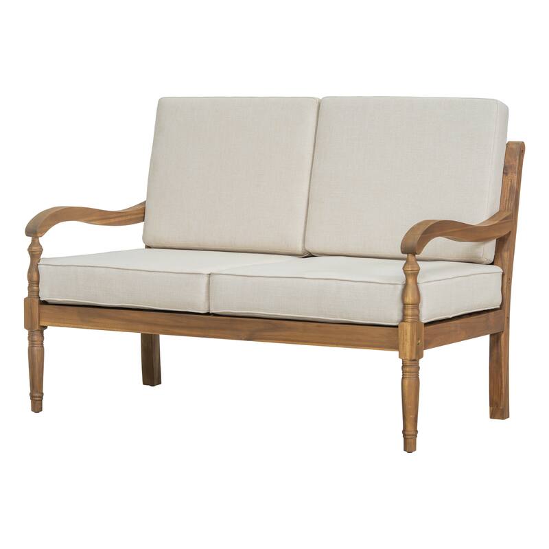 Roomfitters Outdoor Acacia Wood Loveseat Bench with Waterproof Cushions, Lattice Back Patio Sofa, Natural and Beige - Beige+Natural