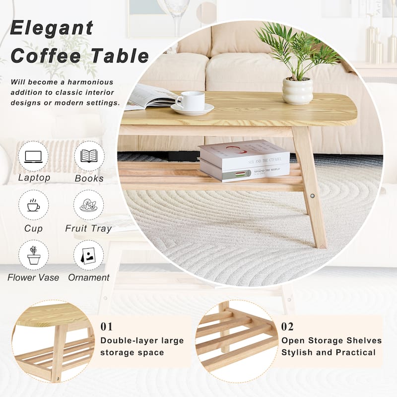 Solid Wood Coffee Table - 2-Tier Wooden Center Coffee Table with Storage Shelf for Living Room, Apartment, and Office