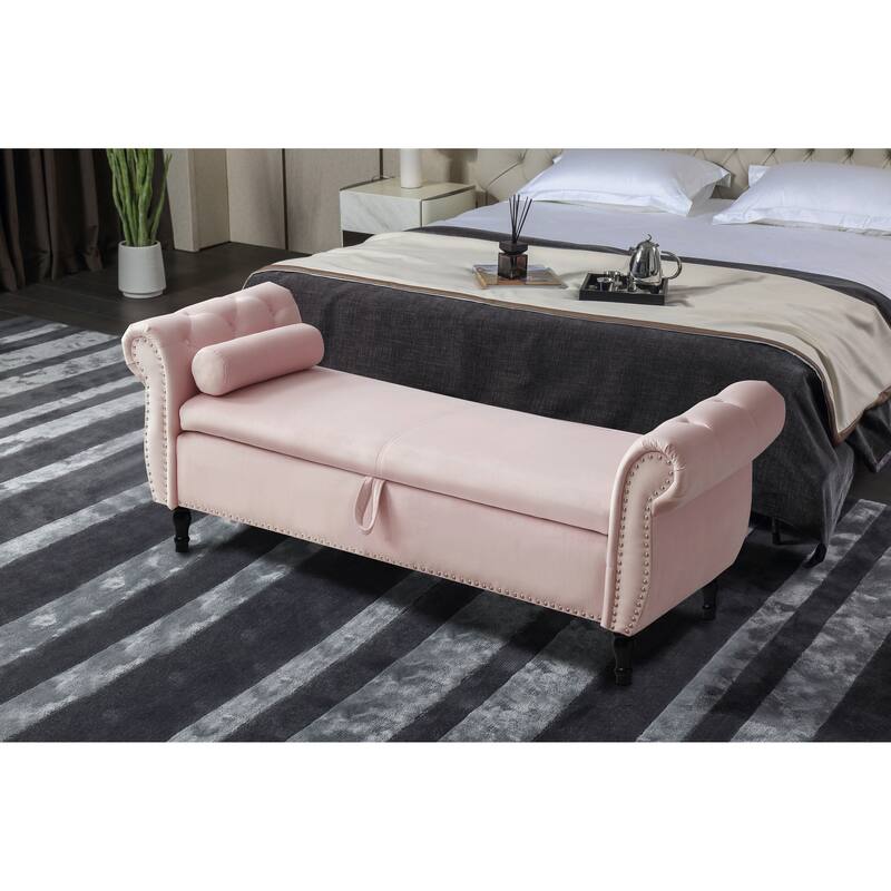 Window Stool Fireplace Bench with Safety Hinges, Upholstered Flap Storage Bench, Footrest Bench with One Pillow - Light Pink