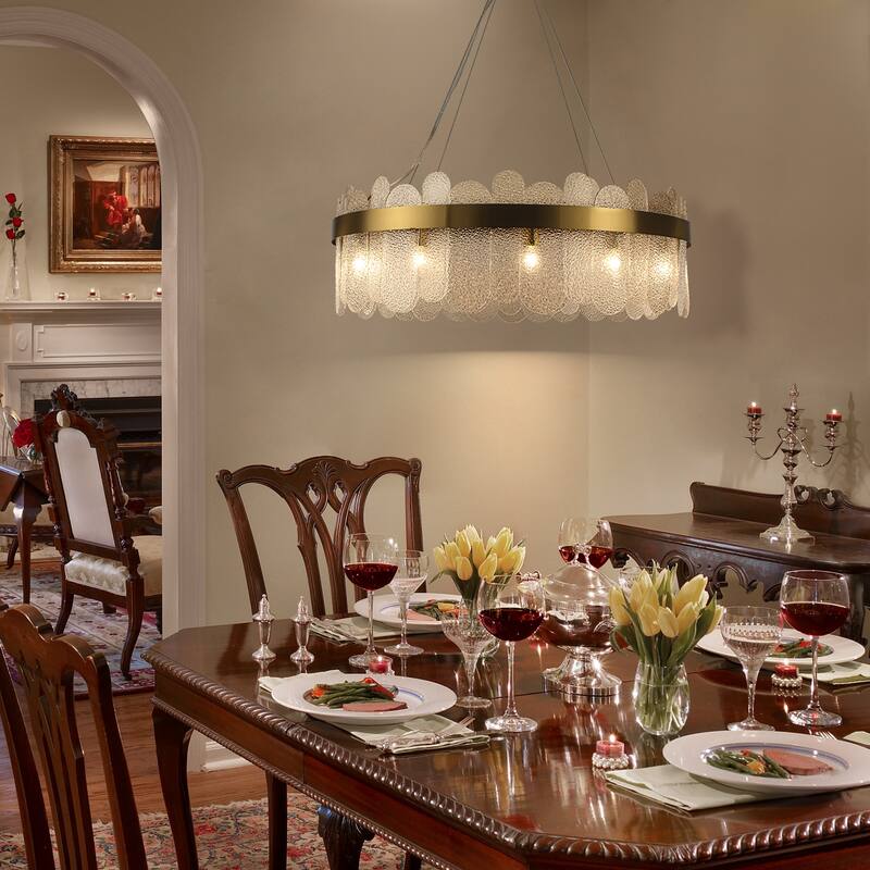12-Light Modern Gold Drum Chandelier with Water Ripple Glass - W 31.5''