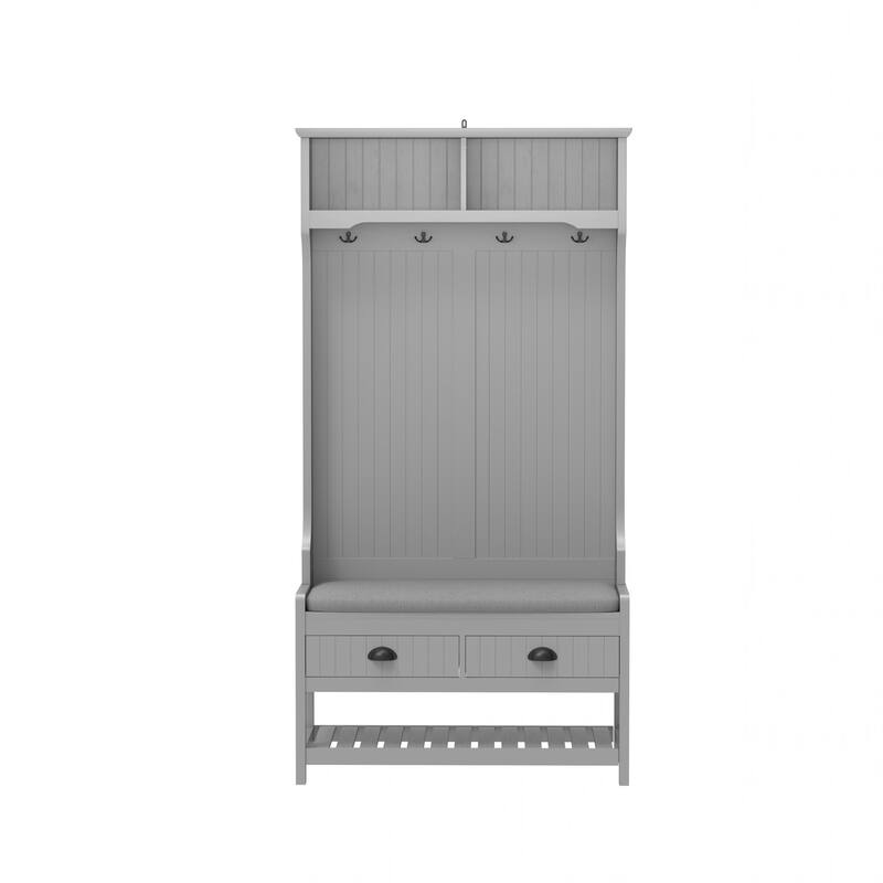 3-in-1 Hallway Hall Tree with 2 Storage Drawers, 4 Coat Hooks, Padded Bench Cushion, Entryway Shoe Rack with Top Shelves