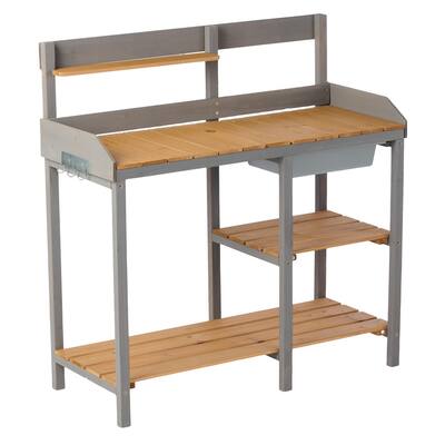 Small Potting Table with Open Storage Shelves Outdoor Potting Bench with Side Hooks Garden Wooden Workbench