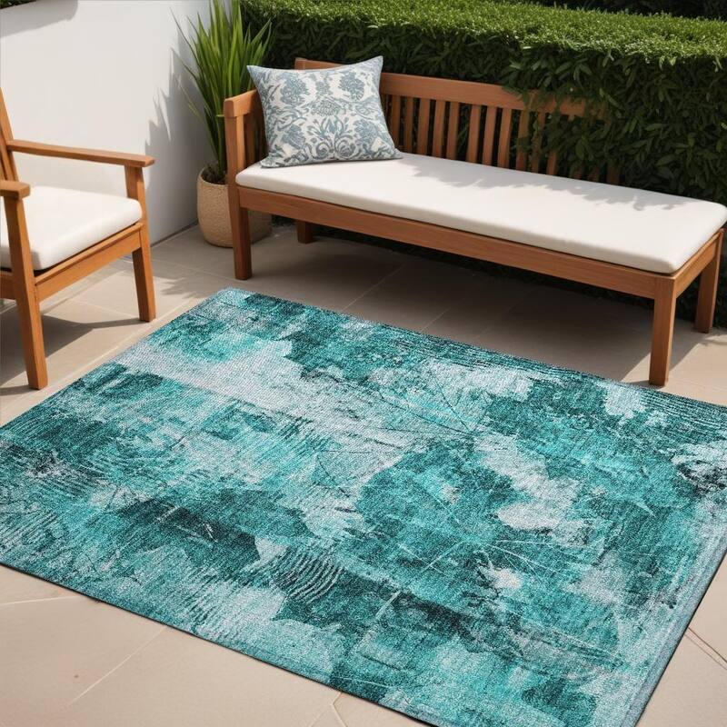 Tara Lush Floral Weather Resistant Timeless Fusion Outdoor Rug - 5' X 8' - Teal