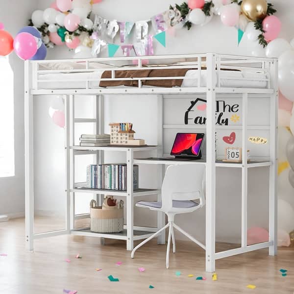 slide 2 of 24, Twin Size Loft Bed With Desk And Whiteboard And 3 Shelves And Ladder for Home White