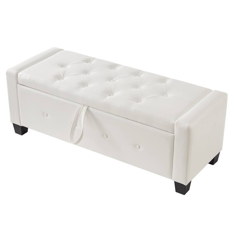 Tufted Faux Leather Storage Ottoman Bench for Bedroom, Living Room & Hallway, 48" Multifunctional Upholstered End of Bed Bench