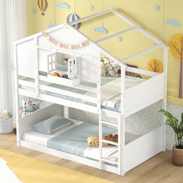 slide 2 of 9, White House Shape Twin Over Twin Bunk Bed for Kids with Roof and Lockable Window White